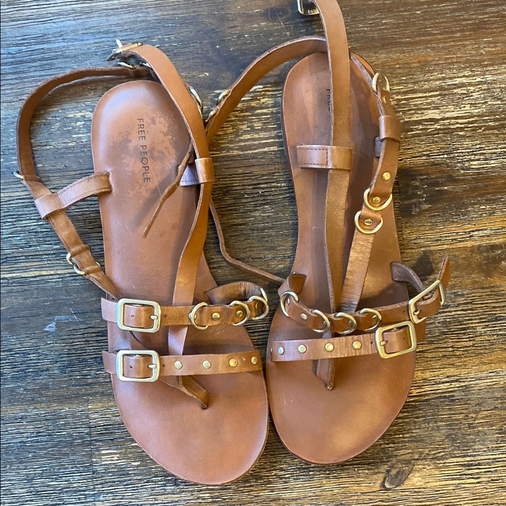 Free People Brown Leather Sandals with Buckle Details
